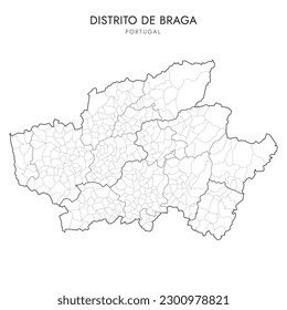 Verwaltungskarte des Bezirks Braga (Distrito de Braga) mit den Grenzen der Subregionen, der Gemeinden (Concelhos) und der Gemeindegemeinden (Freguesias) ab 2023 - Portugal