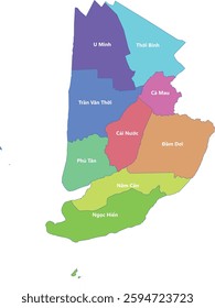 Administrative map of Ca Mau province, combining districts with unique colors and labels. Bản đồ hành chính Cà Mau 2024