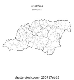 Mapa administrativo da região estatística da Caríntia (Koroška) com municípios (Občine) e povoações (Naselja) a partir de 2024 - Eslovênia - Mapa vetorial