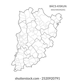 Administrative Map of Bács-Kiskun County (Bács-Kiskun Vármegye) with Districts (Járások) and Municipalities (Télépülések) as of 2024 - Hungary - Vector Map