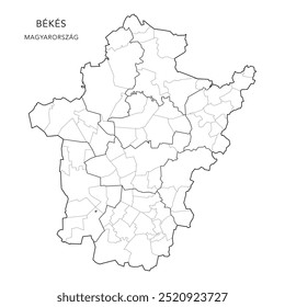 Mapa administrativo do distrito de Békès (Békès Vármegye) com distritos (Járások) e municípios (Télépülések) a partir de 2024 - Hungria - Mapa vetorial