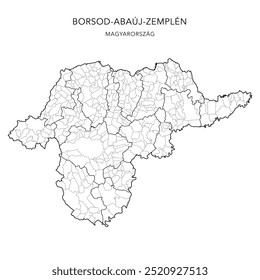 Mapa administrativo do condado de Borsod-Abaúj-Zemplén (Borsod-Abaúj-Zemplén Vármegye) com distritos (Járások) e municípios (Télépülések) a partir de 2024 - Hungria - Mapa vetorial