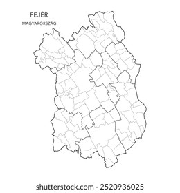 Mapa administrativo do condado de Fejér (Fejér Vármegye) com distritos (Járások) e municípios (Télépülések) a partir de 2024 - Hungria - Mapa vetorial