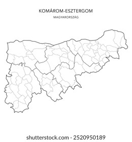 Mapa administrativo do condado de Komárom-Esztergom (Komárom-Esztergom Vármegye) com distritos (Járások) e municípios (Télépülések) a partir de 2024 - Hungria - Mapa vetorial