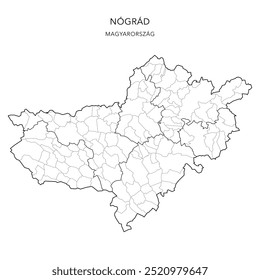 Mapa administrativo do condado de Nógrád (Nógrád Vármegye) com distritos (Járások) e municípios (Télépülések) a partir de 2024 - Hungria - Mapa vetorial