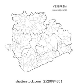 Mapa administrativo do condado de Veszprém (Veszprém Vármegye) com distritos (Járások) e municípios (Télépülések) a partir de 2024 - Hungria - Mapa vetorial