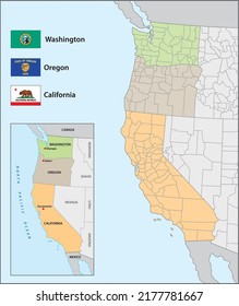 Administrative map with flags of the US American west coast states