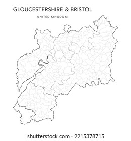 Administrative Map of Gloucestershire and the City of Bristol with Counties, Districts, and Civil Parishes as of 2023 - United Kingdom, England - Vector Map