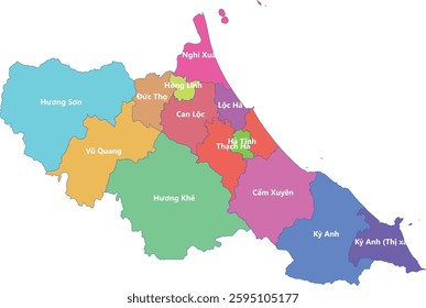 Administrative map of Ha Tinh province, combining districts with unique colors and labels. Bản đồ hành chính Hà Tĩnh 2024