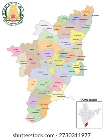 Mapa administrativo do estado indiano de Tamil Nadu