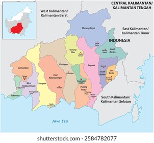 Administrative map of the Indonesian province of Central Kalimantan, Borneo