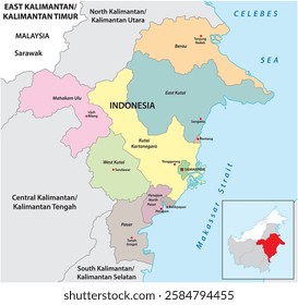 Administrative map of the Indonesian province of East Kalimantan, Borneo