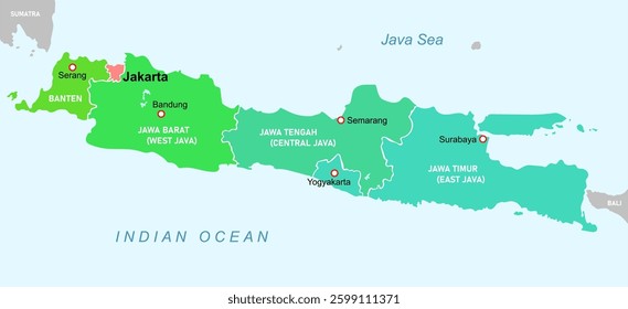 Administrative map of Java Island. Education vector illustration