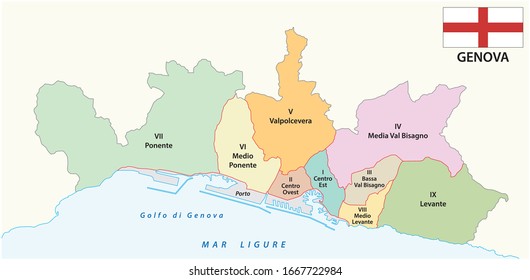 Administrative map of the Ligurian capital Genoa with flag italy