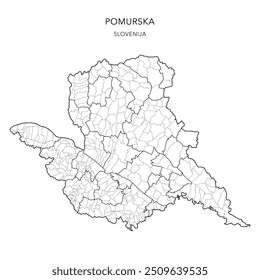 Mapa administrativo da região estatística de Mura (Pomurska) com municípios (Občine) e povoações (Naselja) a partir de 2024 - Eslovênia - Mapa vetorial