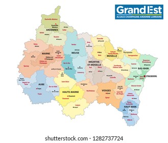 administrative map of the new french region grand est with logo