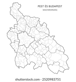 Mapa administrativo del condado de Pest (Pest Vármegye) con los distritos (Járások), municipios (Télépülések) y distritos de Budapest (Kerületek) a partir de 2024 - Hungría - Mapa de Vector