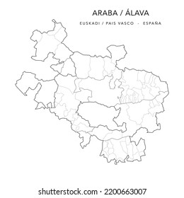 Verwaltungskarte der Provinz Álava oder Araba (Baskenland) mit Gerichtsbarkeiten (Partidos Judiciales), Kormarques (Cuadrillas o Comarcas) und Gemeinden (Municipios) ab 2022 - Spanien - Spanien - 