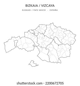 Verwaltungskarte der Provinz Biskaya (Baskenland) mit Gerichtsbezirken (Partidos Judiciales), Kormarques (Comarcas) und Gemeinden (Municipios) ab 2022 - Spanien - Vektorkarte