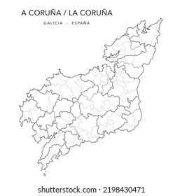 Administrative Map of the Province of A Coruña (Galicia) with Cormarques (Comarcas), Jurisdictions (Partidos Judiciales) and Municipalities (Municipios) as of 2022 - Spain - Vector Map