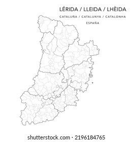 Administrative Map of the Province of Lleida (Catalonia) with Jurisdictions (Partidos Judiciales), Comarques (Comarcas) and Municipalities (Municipios) as of 2022 - Spain - Vector Map