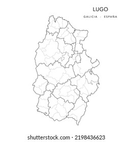 Administrative Map of the Province of Lugo (Galicia) with Cormarques (Comarcas), Jurisdictions (Partidos Judiciales) and Municipalities (Municipios) as of 2022 - Spain - Vector Map