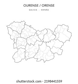 Verwaltungskarte der Provinz Ourense (Galicien) mit Cormarques (Comarcas), Jurisdictions (Partidos Judiciales) und Municipios (Municipios) ab 2022 - Spanien - Vektorkarte