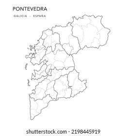 Administrative Map of the Province of Pontevedra (Galicia) with Cormarques (Comarcas), Jurisdictions (Partidos Judiciales) and Municipalities (Municipios) as of 2022 - Spain - Vector Map