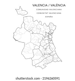 Administrative Map of the Province of Valencia (Valencian Community) with Jurisdictions (Partidos Judiciales), Comarques (Comarcas) and Municipalities (Municipios) as of 2022 - Spain - Vector Map