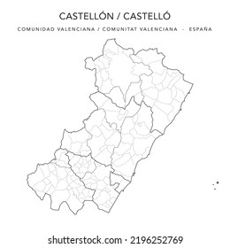 Verwaltungskarte der Provinz Castellón (Valencianische Gemeinschaft) mit Gerichtsbarkeiten (Partidos Judiciales), Comarques (Comarcas) und Kommunen (Municipios) ab 2022 - Spanien - Vektorkarte