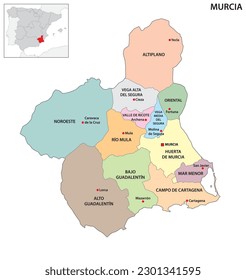 Administrative map of the regions in the Spanish Autonomous community of Murcia