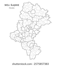 Administrative Map of the Silesian Voivodeship (Śląskie) with Municipality Areas (Obszary Gmin), Municipalities (Gminy), and Counties (Powiaty) Subdivisions as of 2025 - Poland (Polska) - Vector Map