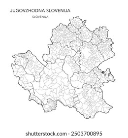 Verwaltungskarte der Statistikregion Südostslowenien mit Gemeinden (Občine) und Siedlungen (Naselja) ab 2024 - Slowenien - Vektorkarte