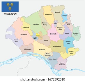 Administrative map of the state capital of Hesse Wiesbaden with flag