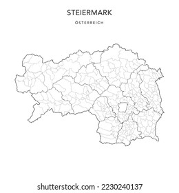 Mapa administrativo del estado de Estiria (Steiermark) con municipios (Gemeinden), subdistritos (Bereich) y distritos (Bezirke) a partir de 2022 - Austria - Mapa de vectores