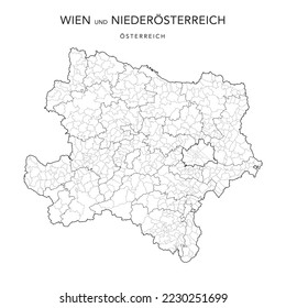 Administrative Map of the States of Lower Austria (Niederösterreich) and Vienna (Wien) and with Municipalities (Gemeinden) and Districts (Bezirke) as of 2022 - Austria - Vector Map