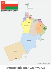 administrative map of Sultanate of Oman with flag