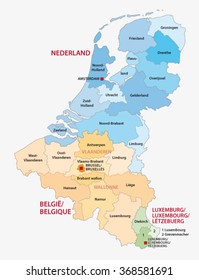 administrative map of the three Benelux countries, Netherlands, Belgium, Luxembourg