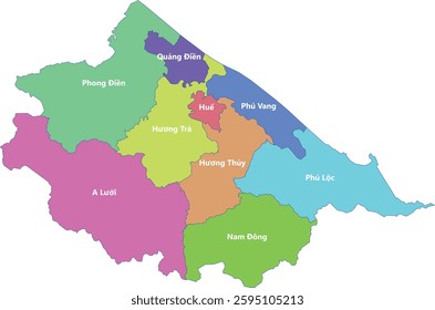 Administrative map of Thua Thien Hue province, combining districts with unique colors and labels. Bản đồ hành chính Thừa Thiên Huế 2024