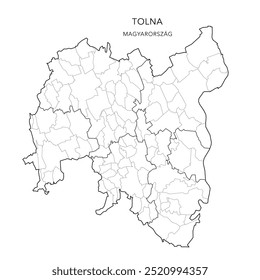 Mapa administrativo do condado de Tolna (Tolna Vármegye) com distritos (Járások) e municípios (Télépülések) a partir de 2024 - Hungria - Mapa vetorial