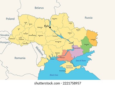 Stadtplan der Ukraine mit farbigen 4 ukrainischen Gebieten - Kherson, Zaporizhzhia, Donezk und Luhansk. Vektorgrafik