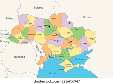 Stadtplan der Ukraine mit farbigen ukrainischen Gebieten und Grenzen. Vektorgrafik