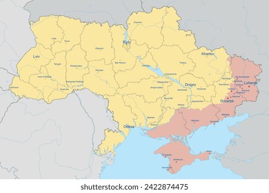 Administrative map of Ukraine as of February 2024. Vector illustration