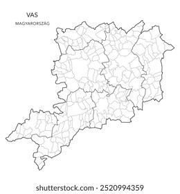 Mapa administrativo do condado de Vas (Tolna Vármegye) com distritos (Járások) e municípios (Télépülések) a partir de 2024 - Hungria - Mapa vetorial