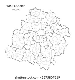 Administrative Map of the Łódź Voivodeship (Łódzkie) with Municipality Areas (Obszary Gmin), Municipalities (Gminy), and Counties (Powiaty) Subdivisions as of 2025 - Poland (Polska) - Vector Map