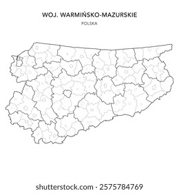 Administrative Map of Warmian-Masurian Voivodeship (Warmińsko-Mazurskie) with Municipality Areas (Obszary Gmin), Municipalities (Gminy), and Counties (Powiaty) as of 2025 - Poland (Polska) Vector Map