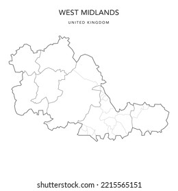 Administrative Map of West Midlands with Districts and Civil Parishes as of 2023 - United Kingdom, England - Vector Map