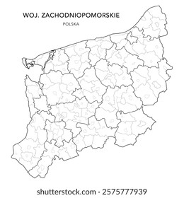 Administrative Map of West Pomeranian Voivodeship (Zachodniopomorskie) with Municipality Areas (Obszary Gmin), Municipalities (Gminy), and Counties (Powiaty) Subdivisions as of 2024 - Poland (Polska)