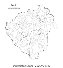 Mapa administrativo do condado de Zala (Zala Vármegye) com distritos (Járások) e municípios (Télépülések) a partir de 2024 - Hungria - Mapa vetorial