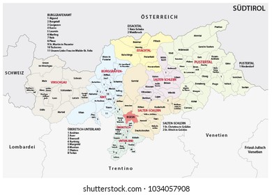 Administrative and political map of the Italian province of South Tyrol in German language